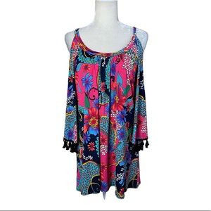 Cactus Multi Color Floral Print Cold Shoulder Tassel Fringe Tunic Top Large